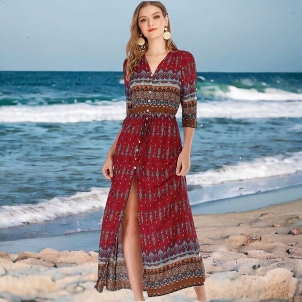 NWT R.Vivimos Women's Red Paisley V-neck 3/4‎ Sleeve Maxi Beach Dress Size S